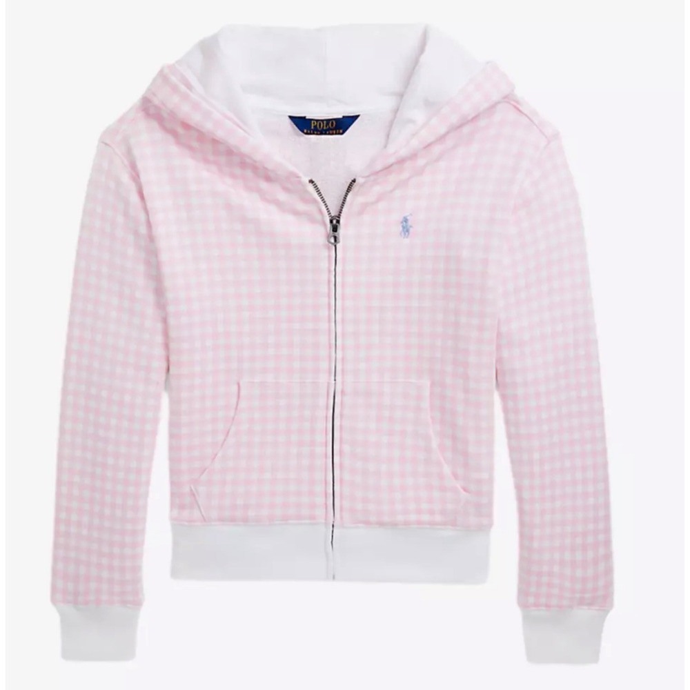 Polo Ralph Lauren Zip Hoodie Girls XL 16 Pink Gingham Pony Logo